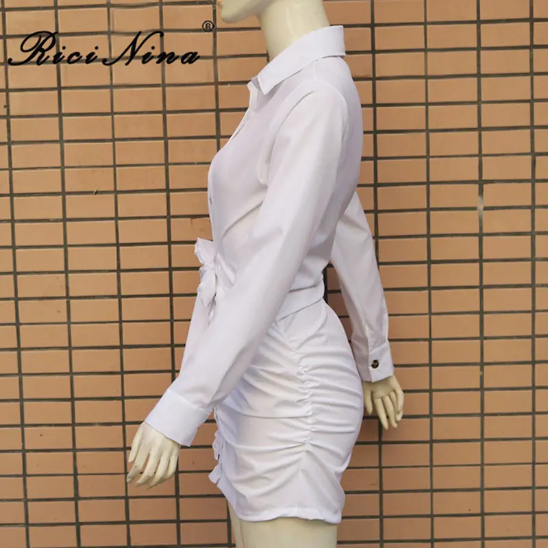 RICININA 2019 Woman Dress Ladies Long Sleeve Buttons Bow Shirt Dresses Women Sexy Party Beach Slim Short Dresses Vestios