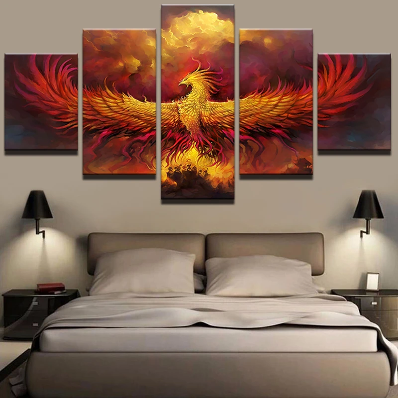 Fire Phoenix Bird Abstract Painting 5 Piece Canvas Print Wall Art Fire Phoenix Bird Abstract Painting 5 Piece Canvas Print Wall Art