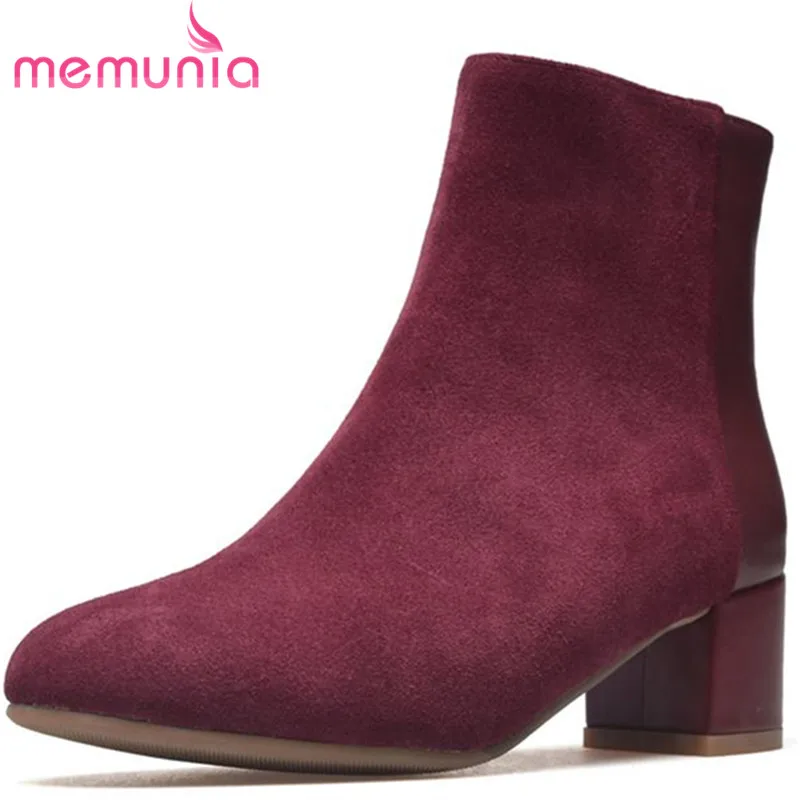 

MEMUNIA 2018 fashion ankle boots for women round toe autumn winter suede+genuine leather boots med heels shoes woman