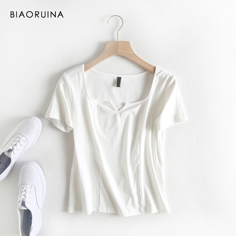 

BIAORUINA 3 Colors Women's Casual All-match T-shirt Short Sleeve Female Basic Cotton Summer Tee Girls Fashion Square Collar Tops