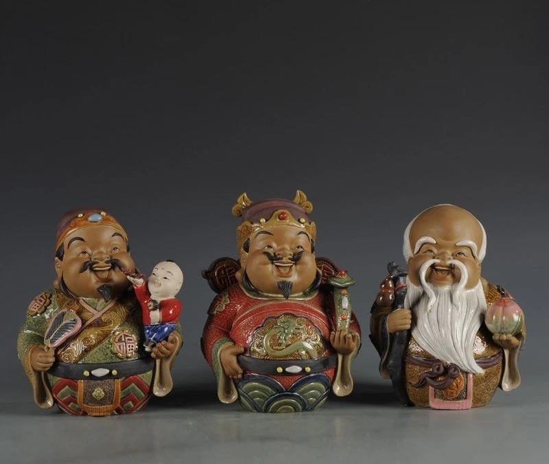 

China Colorful Pottery Porcelain Ruyi Kid Fu Lu Shou Longevity God Buddha Statue