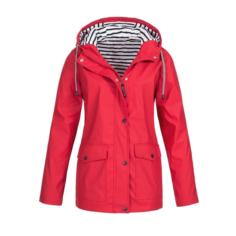 HCXY Autumn Womens Rain Coat Waterproof Raincoat Solid Color Outdoor Hooded Outerwear Coats Plus Size