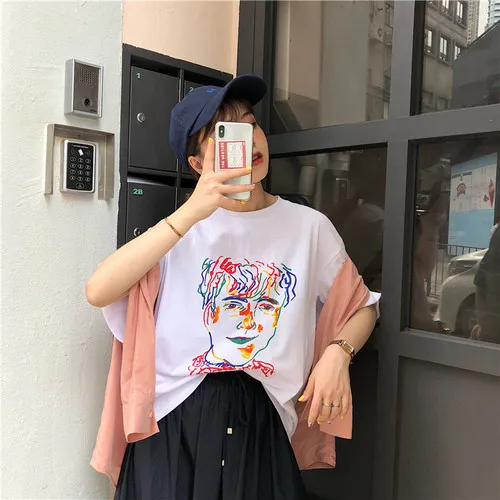 

Character Printed Halajuku Cotton White Basic Simple O-neck Top Female Women 2019 Hot Sale Summer Short Sleeve T-shirts