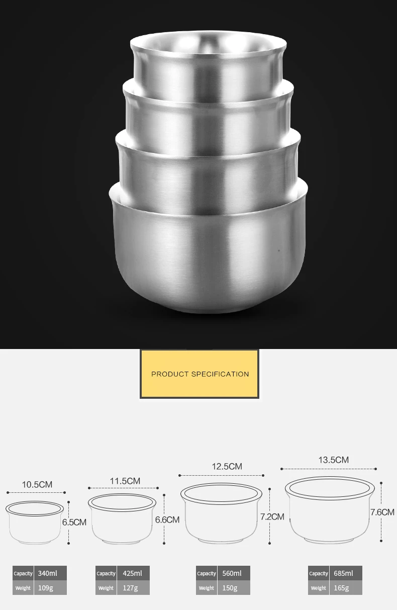 WORTHBUY 304 Нержавеющая сталь чаша для риса в китайском стиле с двойной Слои чаша для супа, салата Еда контейнеры Кухня чаша для Еда