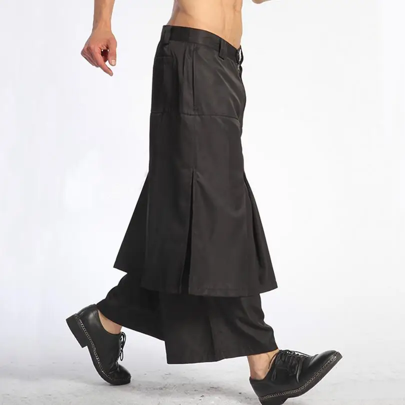 

Europe and the United States casual spring and summer personality black fake two-piece pants black loose button trousers/ 29-40