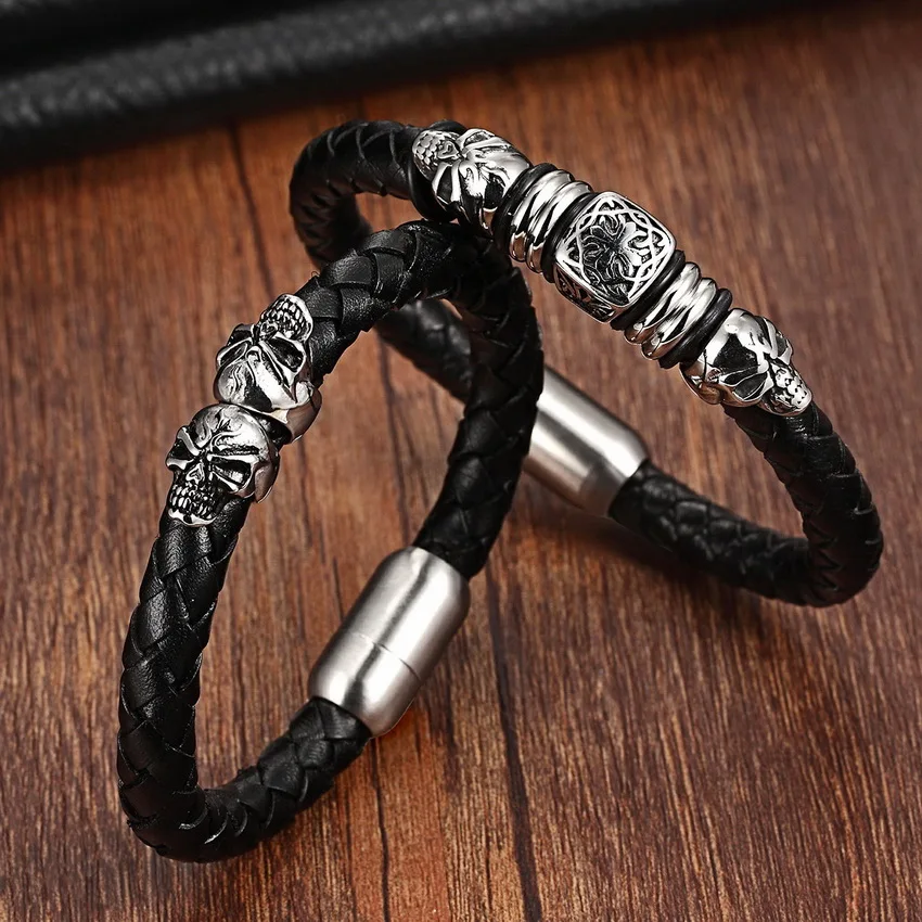 

XQNI Top Quality Charm Leather Bracelet For Women Stainless Steel Bohemia Genuine Leather Bracelets Bangles Vintage Men Jewelry