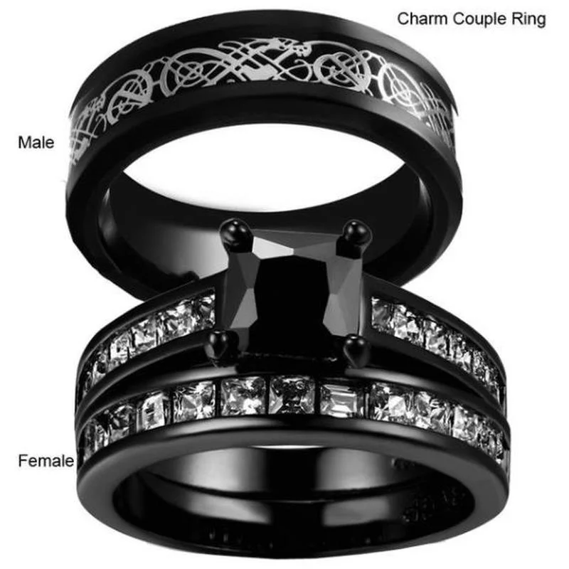 

MD Charm Couple Ring 316L Stainless Steel Men''s Ring Black Gold Filled 6MM Black Women''s Wedding Ring Sets