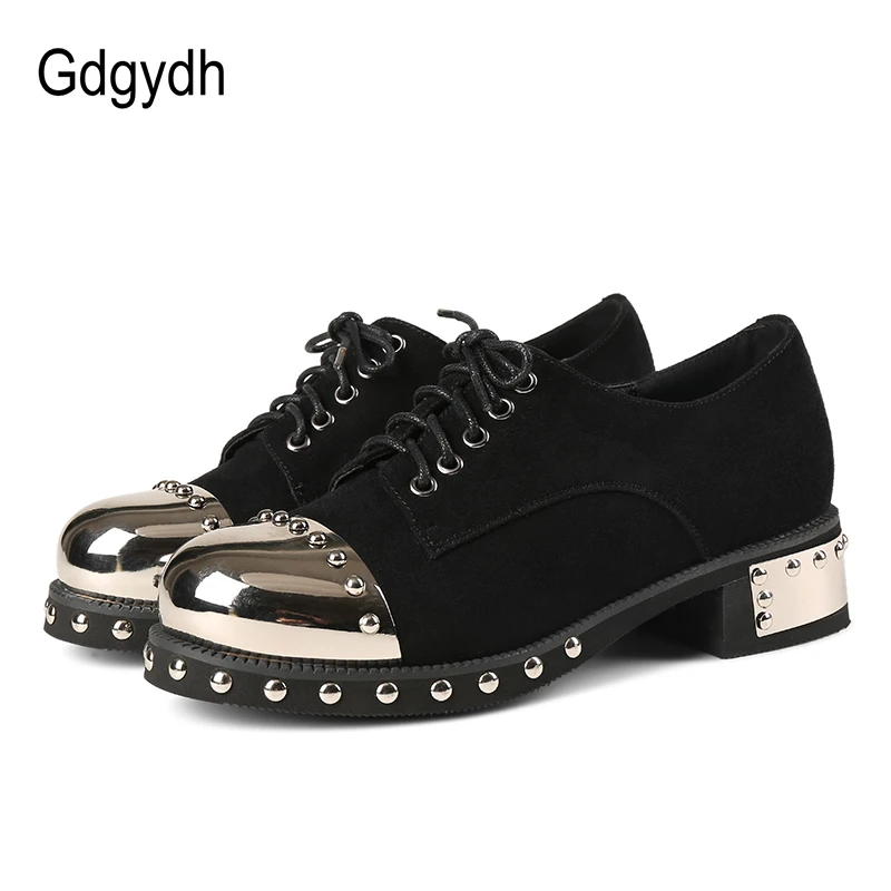 

Gdgydh Sexy Rivet Women Gothic Shoes Mid Heel Metal Decoration Platform Heels Ladies Pumps Genuine Leather Chunky Heels Lace Up