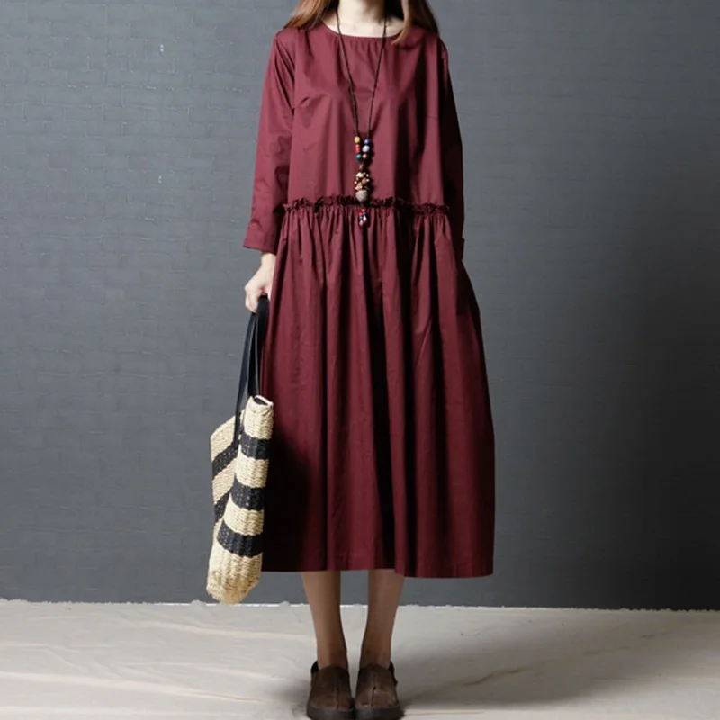 Женское длинное свободное платье NYFS однотонное из хлопка и льна осень 2020|fashion long