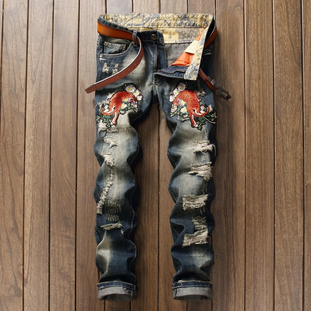 New Brand Men s Tiger Patches Patchwork Hole Jeans Male Casual Straight Fit Denim Pants Long
