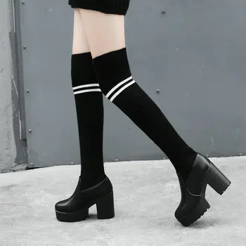 

Female High Quality Knitting Stretch Boots Fashion Over The Knee Boots Platform Thick High Heels Thigh Boots Autumn Winter Shoes