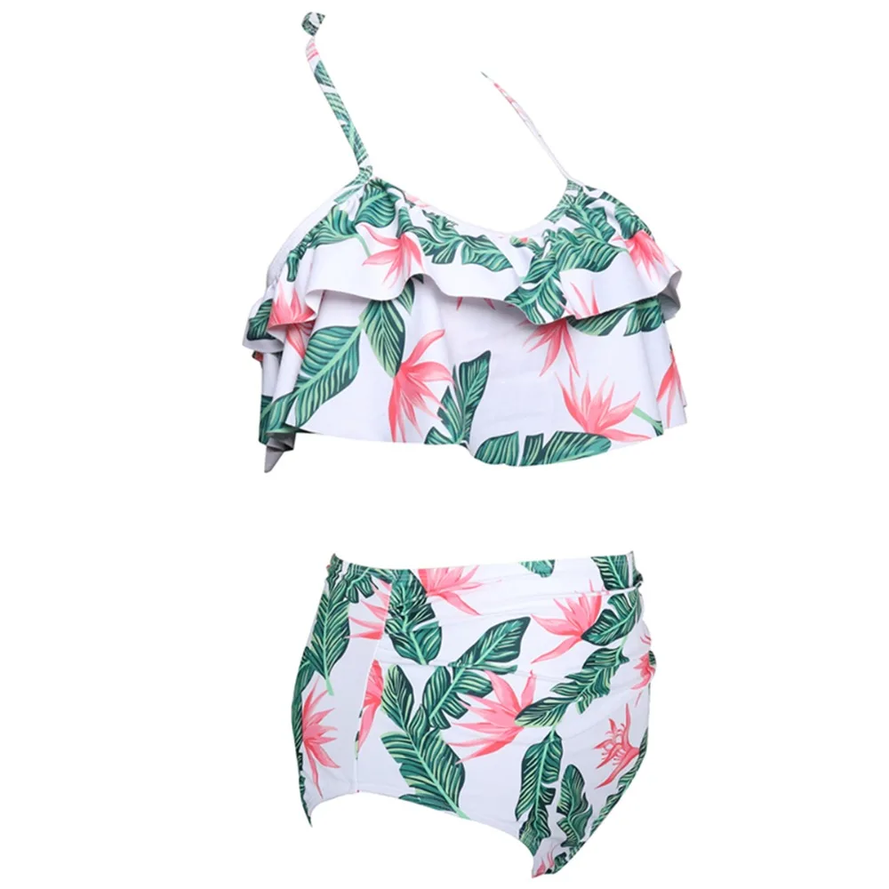 2 Green Leaf Ruffle High Waist Woman Swimsuit 2019 Summer Swimwear Bikinis Bather Suit Push Up Tankini Swimsuit Fused For Girls
