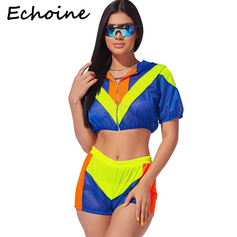

Echoine Two Piece Set Hooded Color Patchwork Mesh Net Short Sleeve Top + Short Pants Summer Clothes For Women Sportwear Outfits