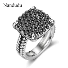 Nandudu Ретро коктейльное кольцо с квадратной поверхностью, марказит, кольцо черного цвета, массивные античные кольца для женщин R2140
