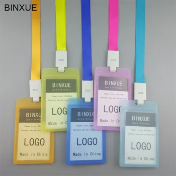 

BINXUE Employees card Rope 1.5 cm wide vertical Cover card Transparent Double view Hard ID holder badge Access control