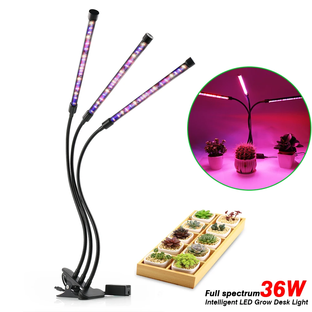 

36W Three Head LED Grow Light 108 LEDs Full Spectrum with 360 Degree Dimmable for Indoor Plants Vegetables and Seedlings