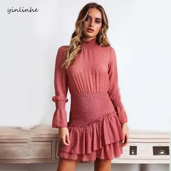

yinlinhe Pink Transparent Autumn Dress Long Sleeve elasticity Waist polka dot Bodycon Dress women Ruffles Sexy Vestido 568