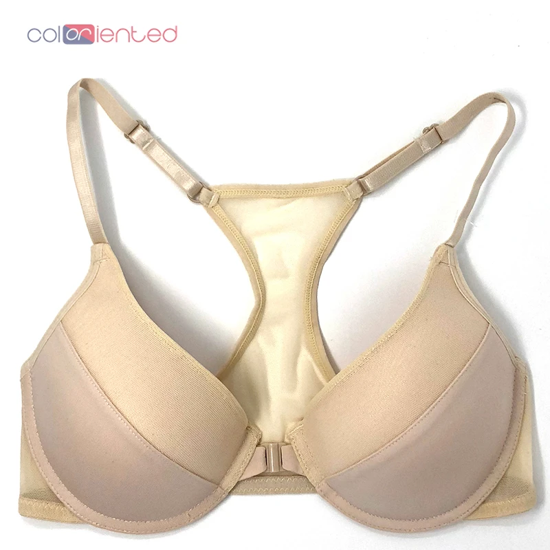 

COLORIENTED Sexy Women Bra Front Closure C D Cup Thin Padded Wire Bra Patchwork Y-Line Adjustable Straps See Through Back