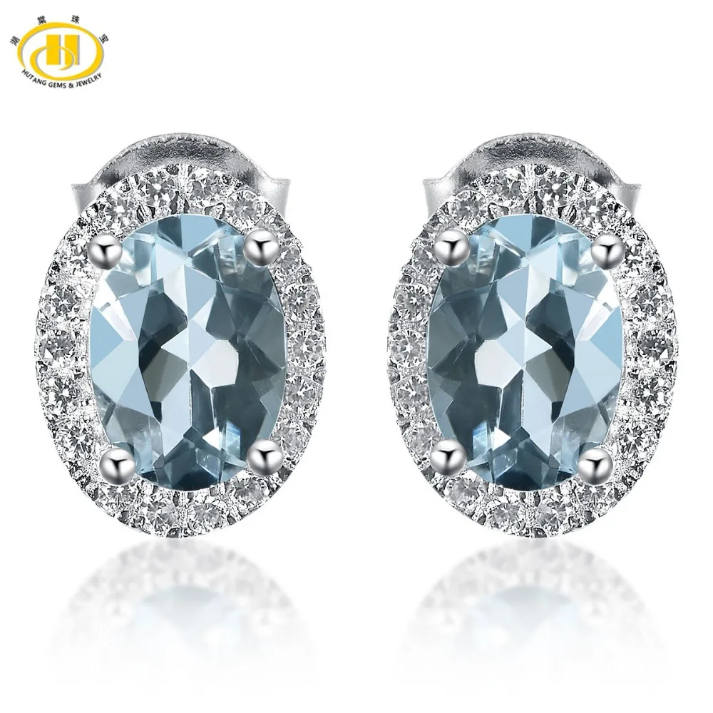 

Hutang Trendy 1.573ct Natural Aquamarine Halo Stud Earrings Solid 925 Sterling Silver Gemstone Fine Jewelry Earring Women's Gift