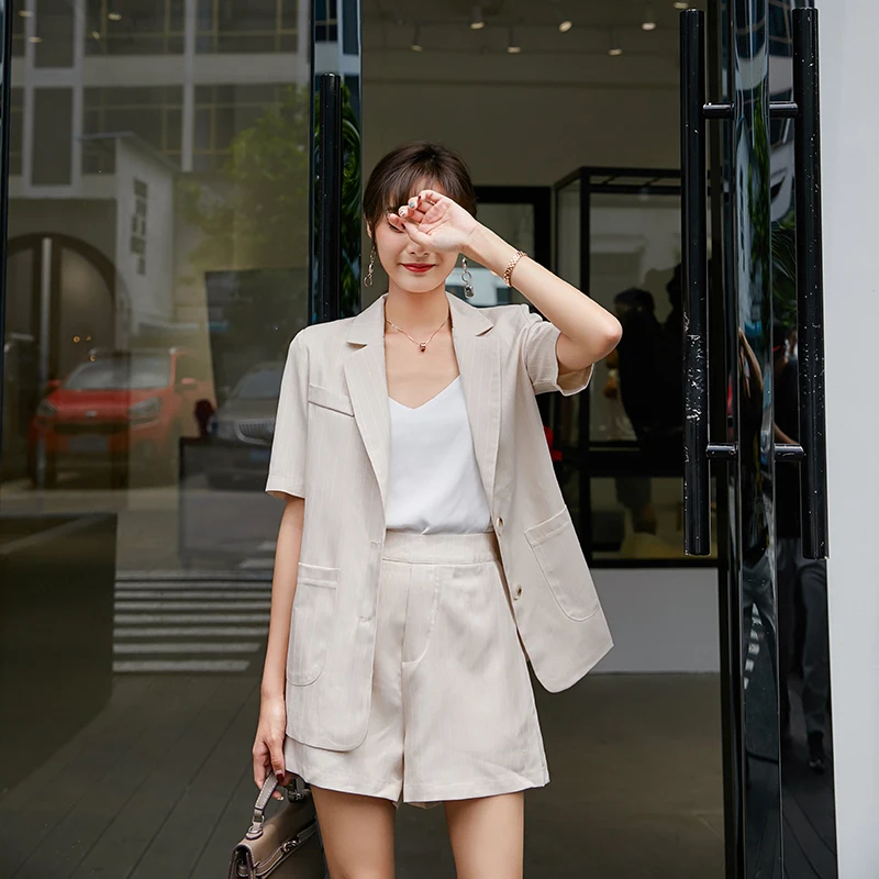 Summer 2 pieces set short blazer women Thin Cotton Linen Casual Single Breasted female Blazer Jacket and High Waist Shorts Suits