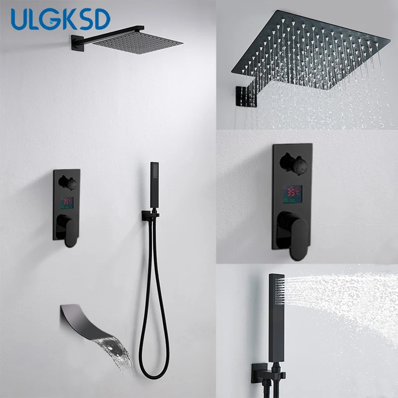 

ULGKSD Shower Faucet Set SUS304 Rain Shower Head Waterfall Tub Spout 3-way Digital Display Mixer Tap Bath Shower Faucets