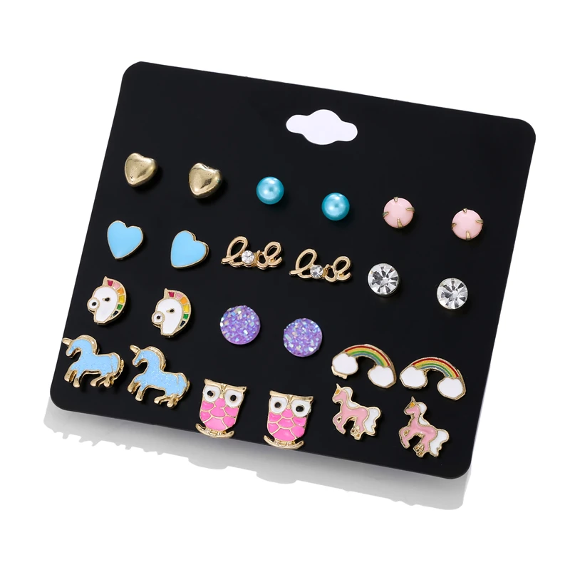 12 Pairs Cute Unicorn Earrings Animals Hypoallergenic Stud Earrings Sets Girls