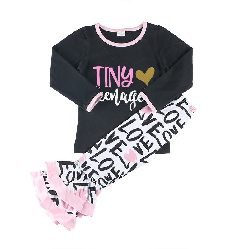 US $74.49 Kaiya Angel 2018 Boutique Girls Outfits Valentines Day Children Set Cotton Tops With Letter Print Ruffle Leggings