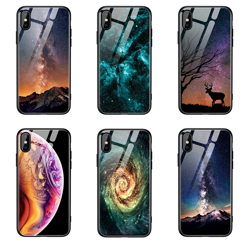 UTOPER Tempered Glass Case For iPhone 7 8 Plus Case Luxury Star Space Cover For iPhone X Case For iPhone6s 6 6s 7Plus XS Max XR