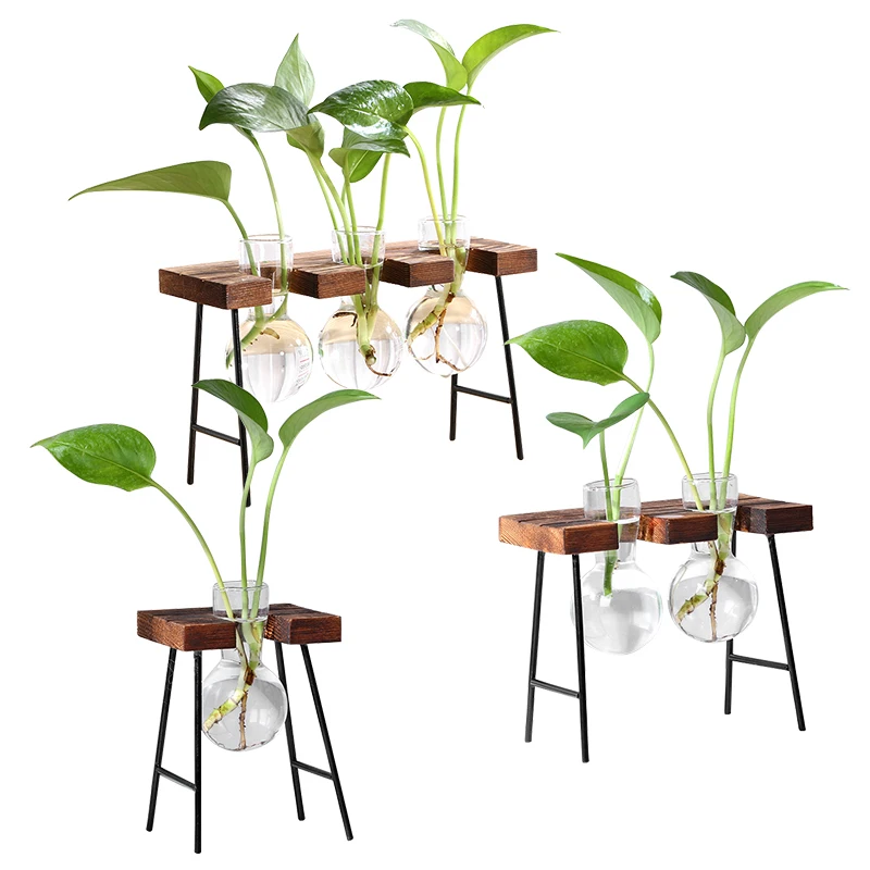 

Nordic Wooden Glass Vases Desk Flower Vase Flowerpot Plant Pot Bonsai Flower Pot Hanging Pots with Wooden Tray Home Decor