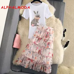 ALPHALMODA мода юбка костюм 2019 лето новый кролик узор футболка + с цветочным принтом шифон Раффлед юбка для женщин 2 шт. милый комплект
