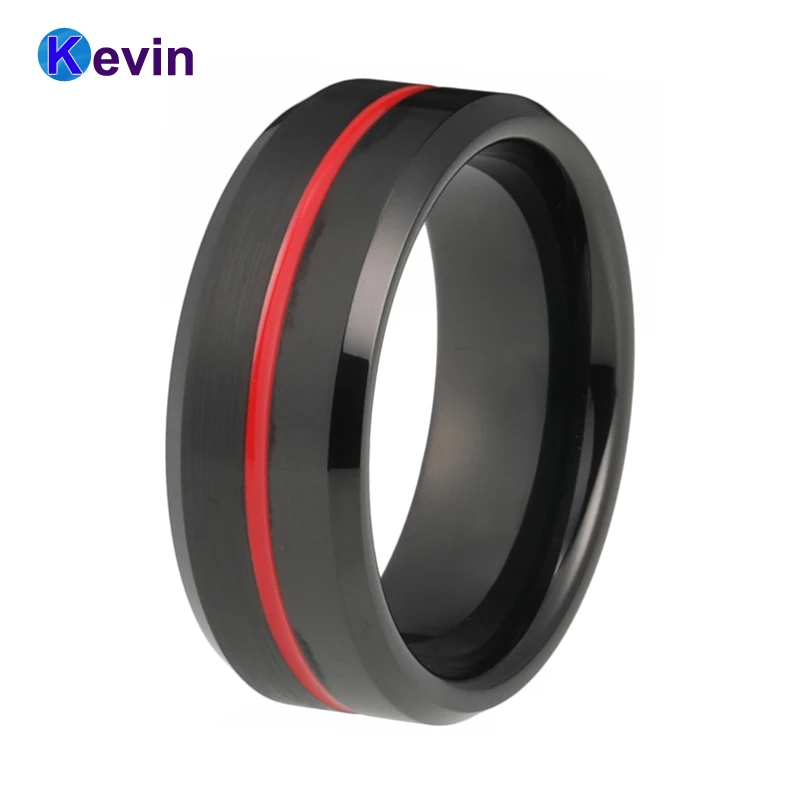 

Tungsten Ring Black Red Ring For Women Men With Center Grooved Bevel Edges 8MM New Arrivals
