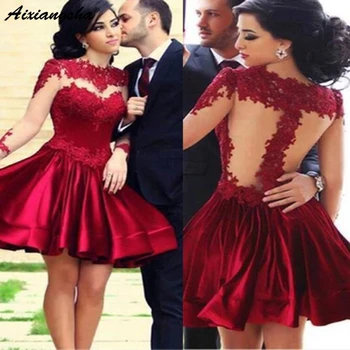 

Short Homecoming Dresses 2019 Long Sleeves Lace Appliques Round Neck Ruffles Mini Skirt Junior Graduation Dress Cocktail Gowns