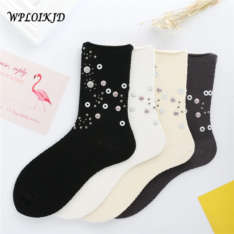 

[WPLOIKJD] Harajuku Metal Sequins Precious Stone Glitter Socks Women Hand Made Sheer Socks Cotton Heap Heap Meias Calcetines Sox