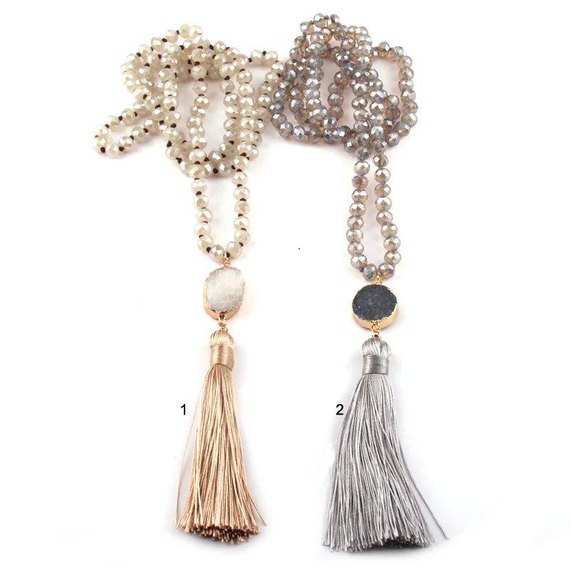 

MOODPC Fashion Bohemian Tribal Jewelry Beige Crystal Glass Knottted Druzy Tassel Necklaces Ethnic Necklace