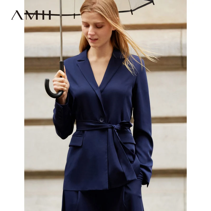 

Amii Minimalist Office 2 Piece Sets Women Outfits Fashion 2019 Spring New Solid Long Sleeve Lace Up Blazer Wide Leg Pants