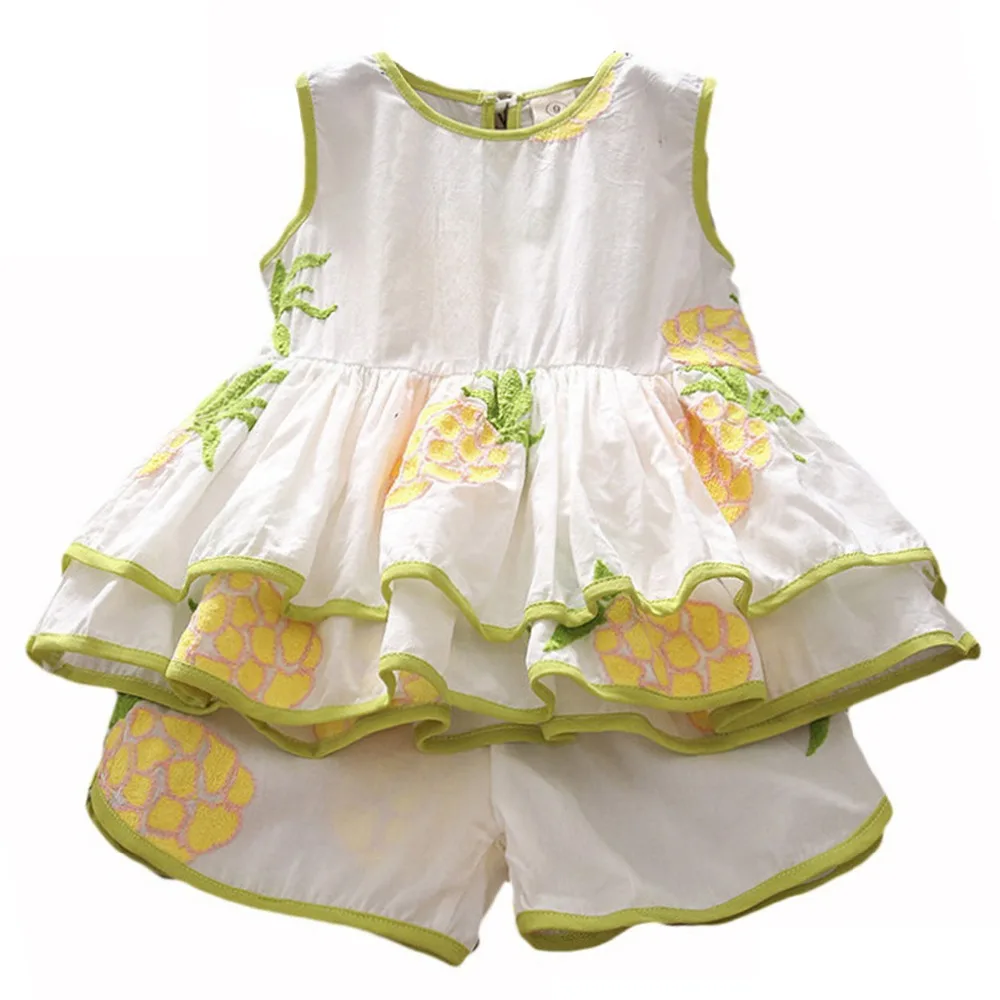 

Toddler Kid Baby Girl Outfits Pineapple Embroidery Sleeveless 2 layers T-shirt Tops+Shorts Summer O-Neck Children's Clothing Set