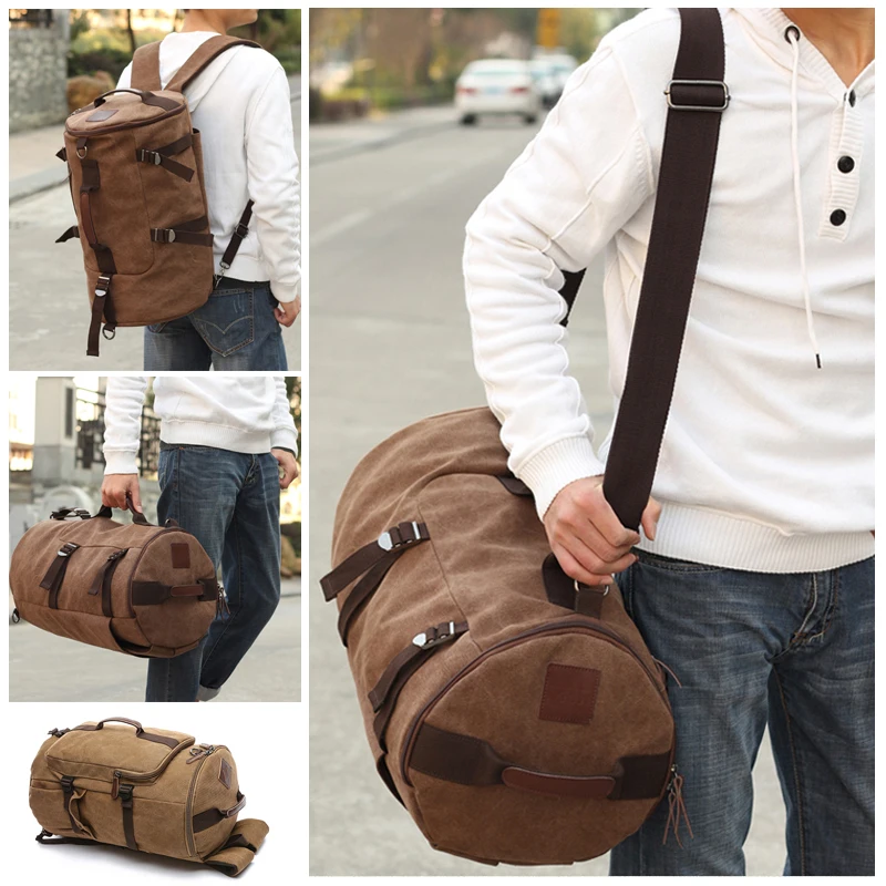Men Large Capacity Cylinder Backpacks Canvas Luggage Shoulder Bags Duffle Travel Waterproof Solid Leather Casual Case travel bag