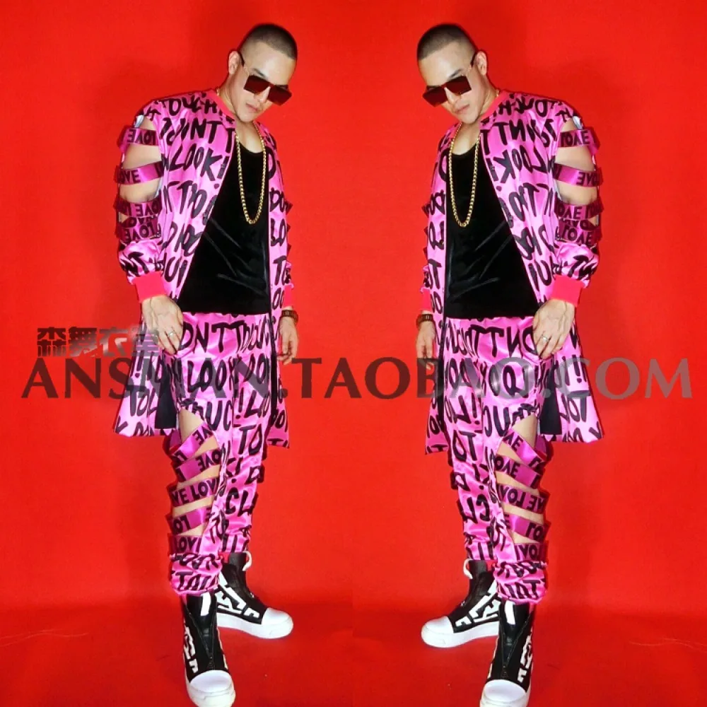

Nightclub bar male singer DJ GOGO hip-hop DS fluorescent pink hollowed-out letters long coat + trousers party suit