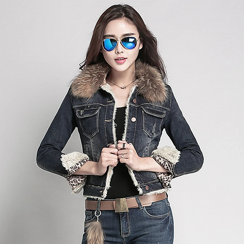 Denim Jacket Women Thickening Raccoon Fur Collar Detachable Long Sleeve