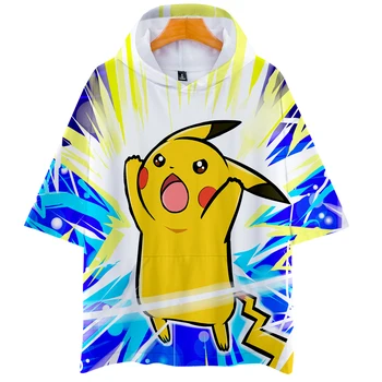

pokemon pikachu clothes cos hot short-sleeved hooded T-shirt unisex couple parent-child role-playing Easy to match T-shirt