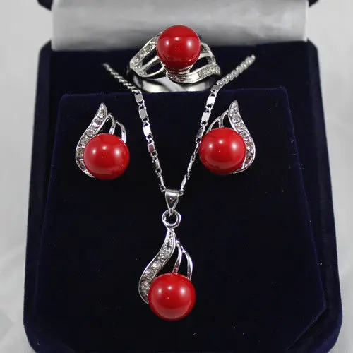 

FANCY red shell pearl crystal pendant necklace earring ring jewelry set AAA style Fine Noble real Natural free shipping