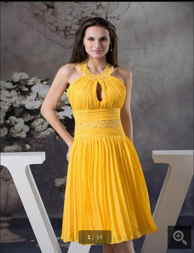 

New design 2017 yellow chiffon short homecoming dress beaded halter neckline petite girls informal homecoming gowns hot sale