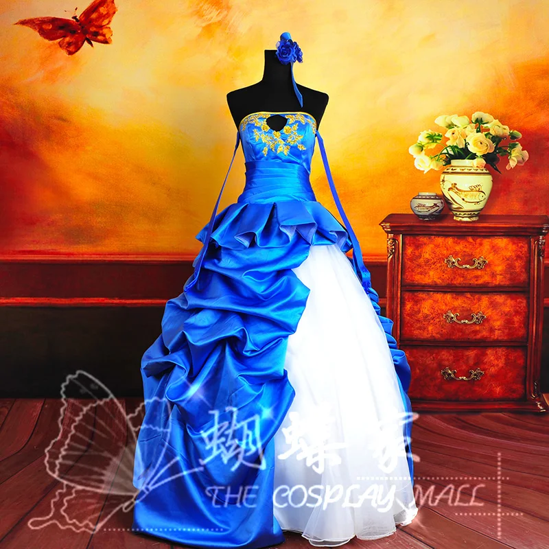 

blue ruffled golden embroidery cosplay ball gown medieval dress Renaissance Victoria/Antoinette/ Belle Ball