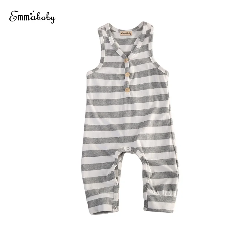 Emmababy для маленьких девочек полосатый комбинезон без рукавов для новорожденных для маленьких мальчиков Пуговицы v-образным вырезом