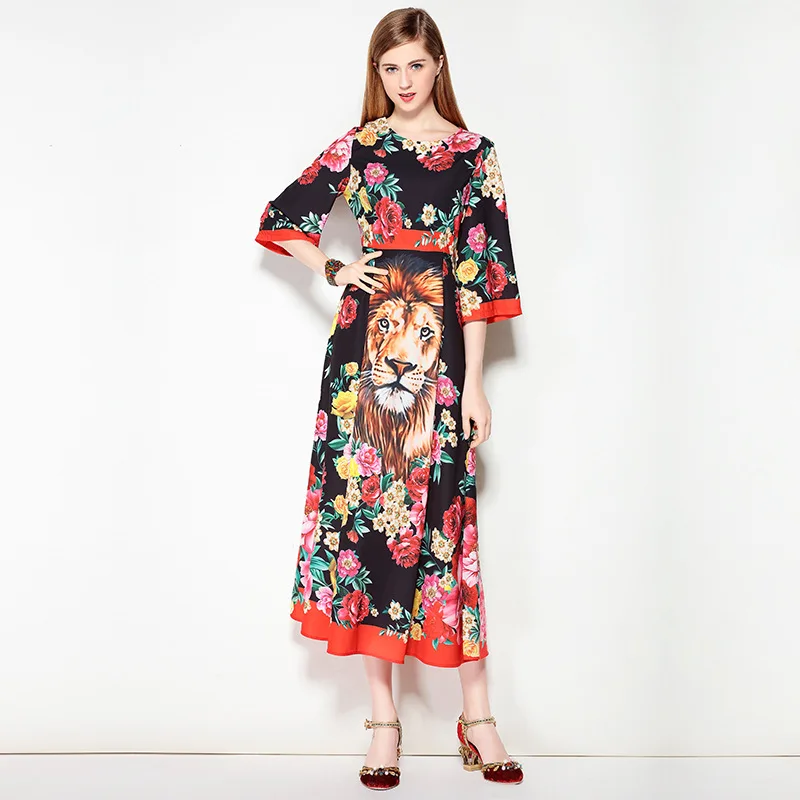 High quality 2017 new autumn designer fashion runway dress Women's Three Quarter Sleeve print Vintage dress