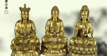 

China Copper brass Three Saints of the West GuanYin Jizo King Buddha Statue Set