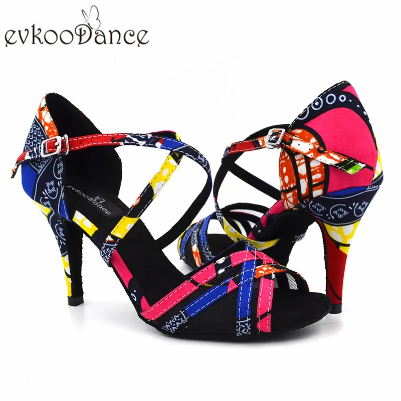 Skup Zapatos De Baile czerwony kwiat satyna z czarna siatka Salsa Latin dla kobiet 8.5cm wysokość obcas profesjonalny rozmiar US 4 12 otwarty NL166