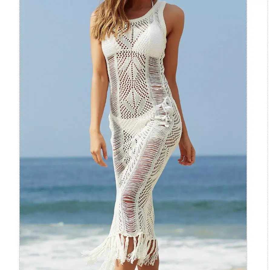 Boho See-through Women Bathing Suit Cover-Ups Lace Crochet Bikini Swimwear Cover Up Sleeveless Lace Tank Dress Tassels Sundress