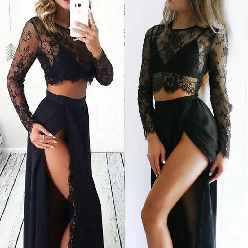 

2pcs New Sexy Womens Set Black Women Prom Long Maxi Skirts Female Party Sheer Lace Crop Tops Long Sleeve Fashion Woman Clothes