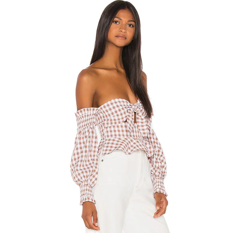 Cryptographic Fashion Slash neck Plaid Female Tops Strapless Backless Streetwear Bow Sexy Clothing For Women Autumn 2019 New